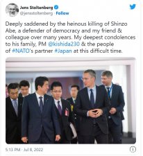 北约秘书长：对安倍晋三遭受“令人发指的杀害深感悲痛”
